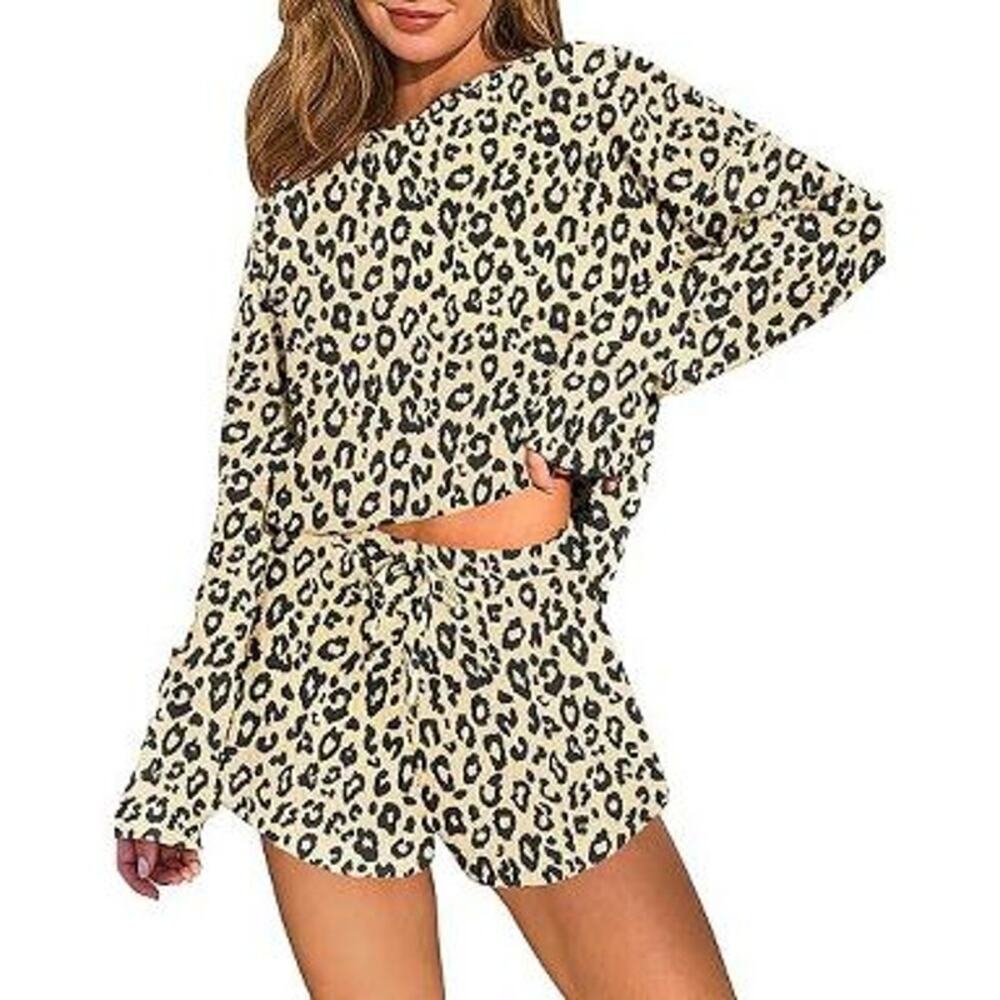 Ekouaer Leopard Print Waffle Knit Pajama Set Long Sleeve Top & Matching Shorts
